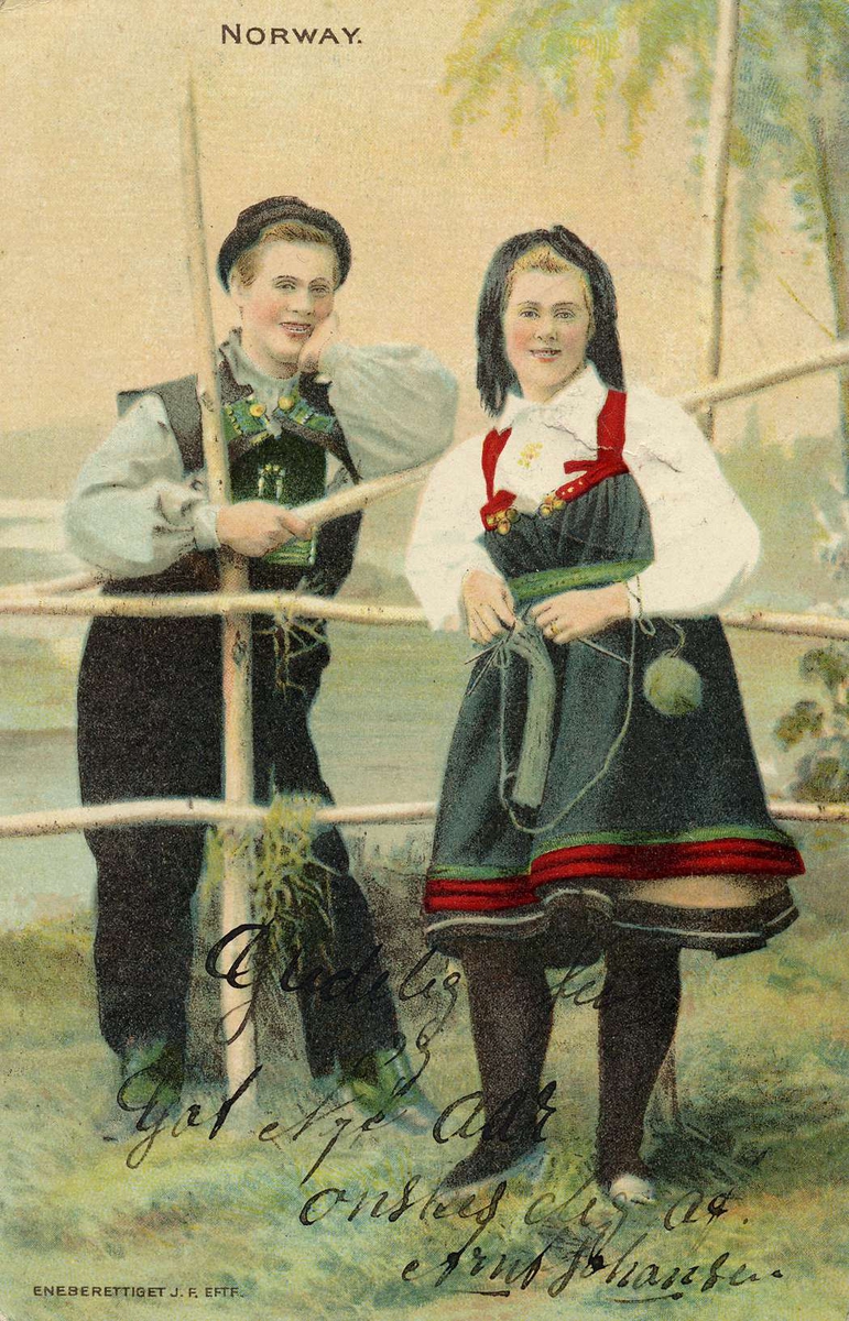 Postkort. Jule- og nyttårshilsen. Et ungt par kledd i folkedrakter står lener seg mot et gjerde. Stemplet 11.12.1906.