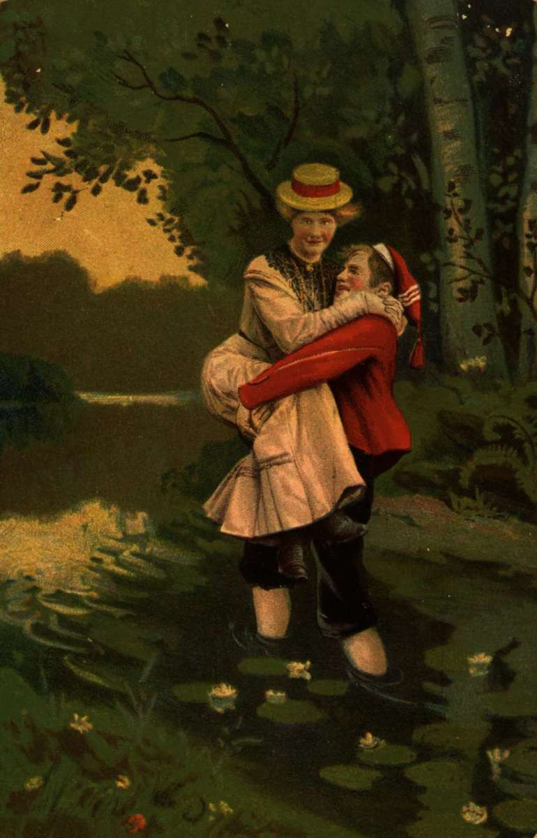 Postkort. Jule- og nyttårshilsen. Kurtisekort. Sommermotiv. En ung mann bærer sin kjæreste over et vann. Stemplet 23.12.1903.