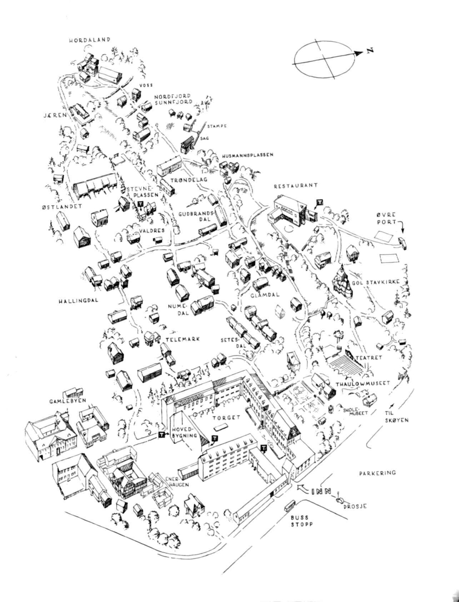 Kart over Norsk Folkemuseum. Ajourført i 1976 ved arkitekt Arne Berg.