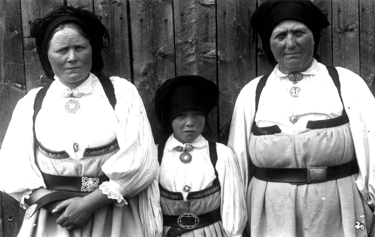 Kvinne- og barnedrakt, gruppeportrett, Valle, Setesdal, Aust-Agder, antatt 1924. To kvinner med ei jente mellom seg. Fra "De Schreinerske samlinger" (skal oppgis).