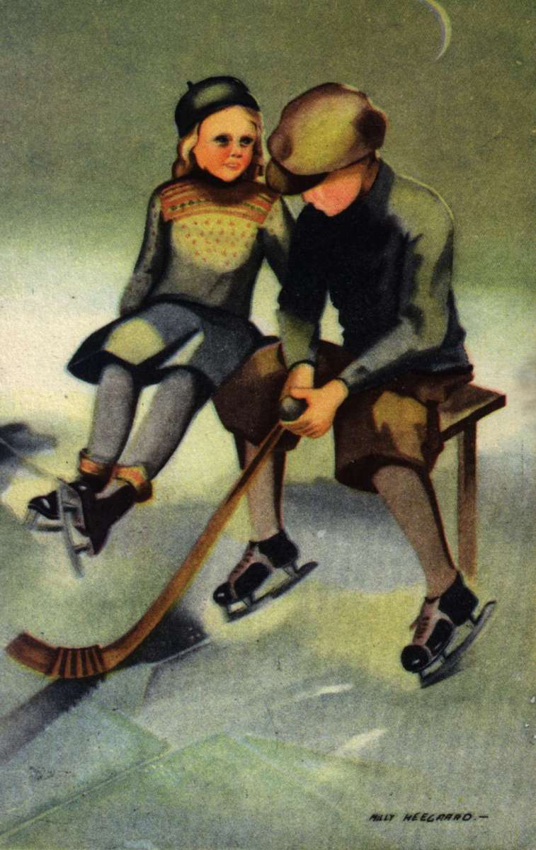 Postkort. Ubrukt. Vintermotiv. En gutt og en jente med skøyter på beina sitter på en bank. Illustrert av Milly Heegaard.