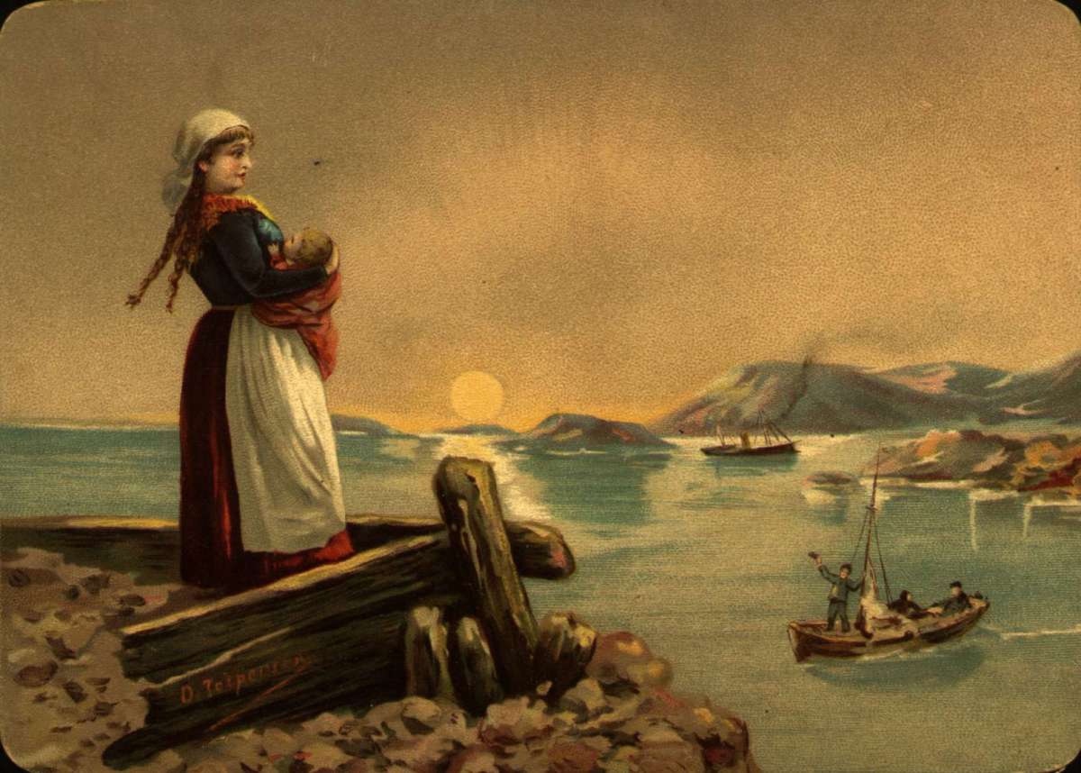 Postkort. Gratulasjonshilsen. Sommermotiv. En ung kvinne står med et barn i armene og ser utover sjøen. En mann i en båt vinker til henne. Datert 04.04.1895.