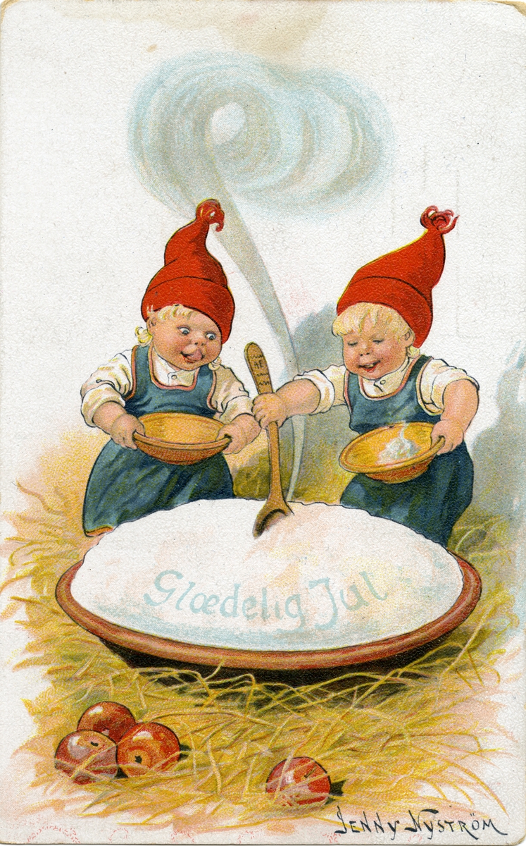 Julekort. Jule- og nyttårshilsen. To nisser spiser julegrøt. Illustrert av Jenny Nyström. Poststemplet 23.12.1915.