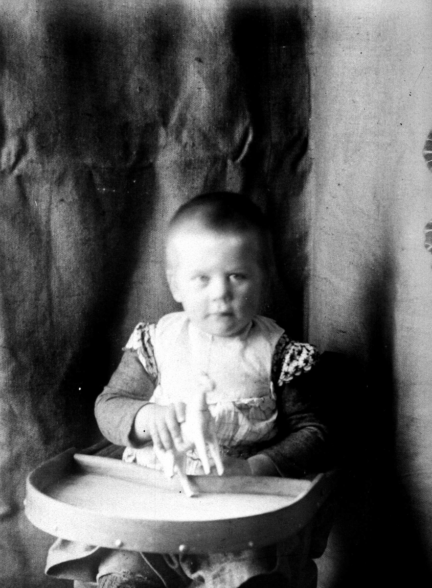 Portrett av gutt, Christian L. Holm, sittende i barnestol med brett foran, lekende med en trehest. Forkle over andre plagg. Christian L. Holm (f. 1892) er fotografens nevø, sønn av res.kap. i Rakkestad (1884-97), Olaf A. Holm. Ant. fra kapellangården Bergenhus.
