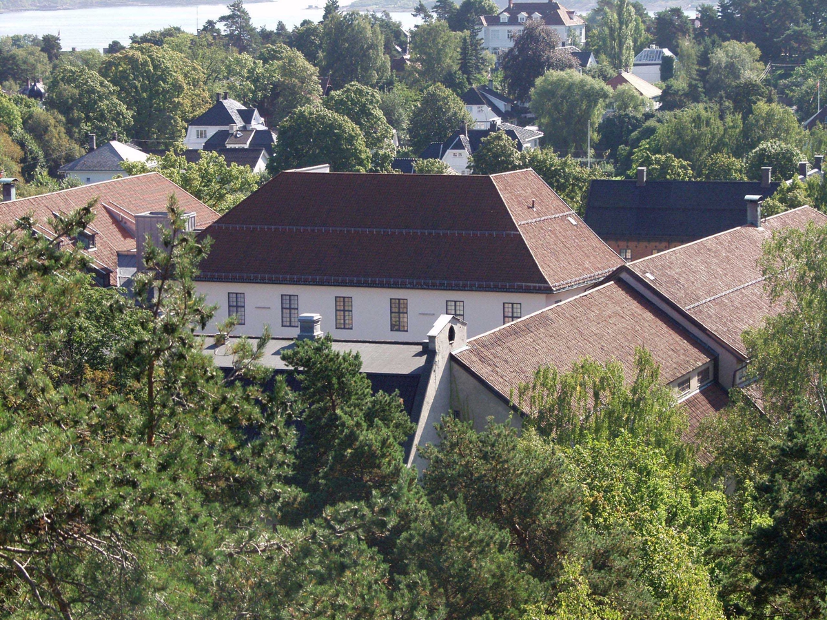 Oversikt mot Hovedbygg, bygning.nummer 316, på Torget, tatt fra toppen av stavkirken.