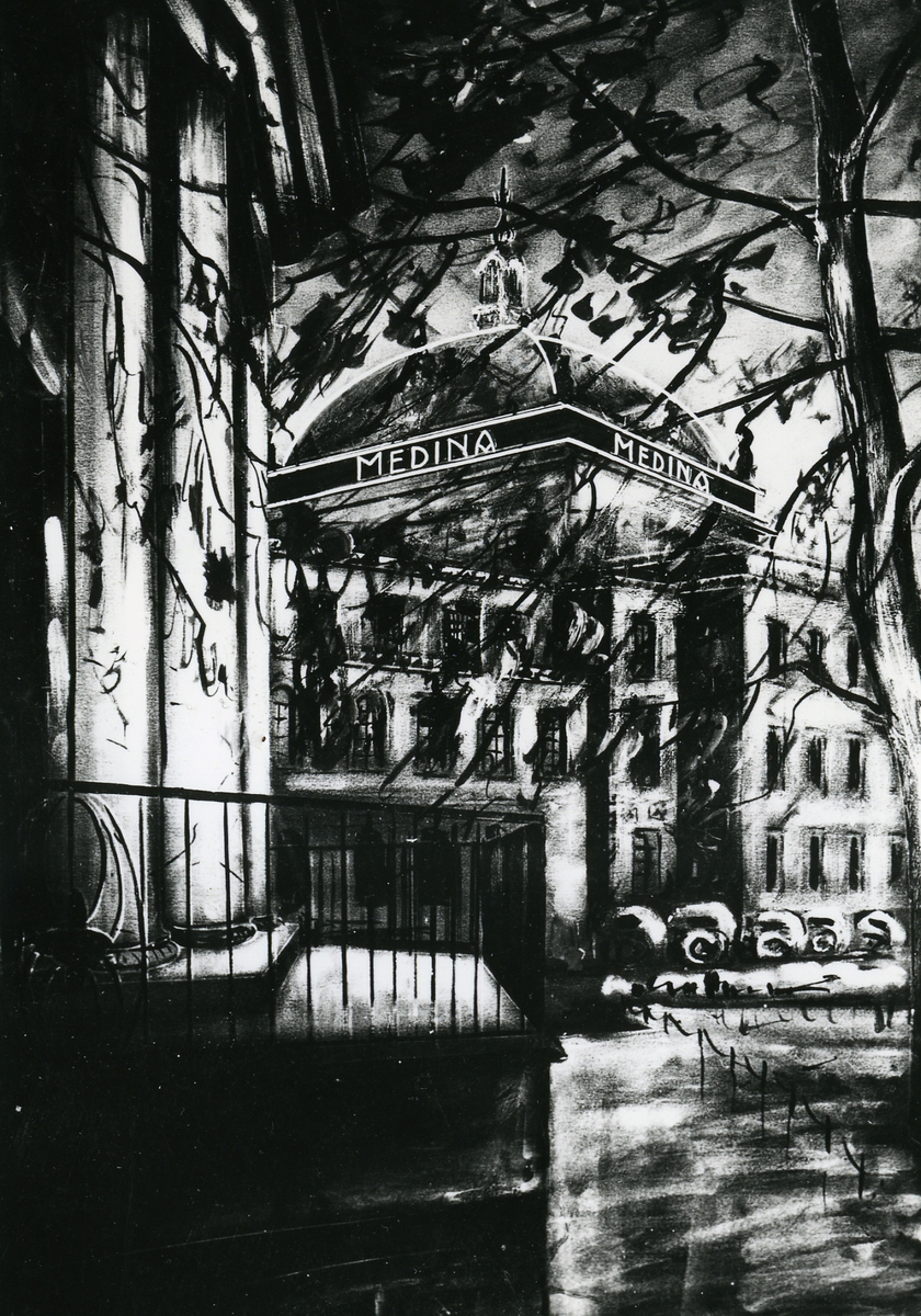 Foto av tegnet bilde av lysereklamen for Tiedemanns Medina som satt på kuppelen til Nationaltheatret på 30-tallet.