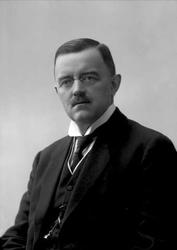 Portrett, mann med bart og briller i mørk dress. Disponent G