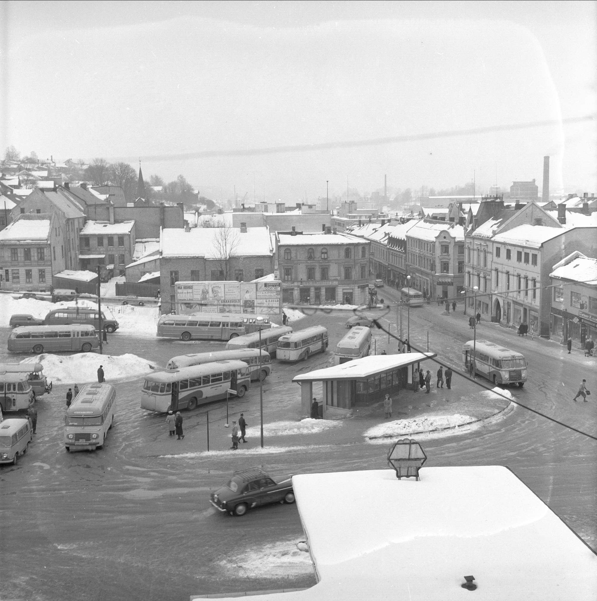 Skien, Telemark, mars 1958. Byjubileum. Bybilde.