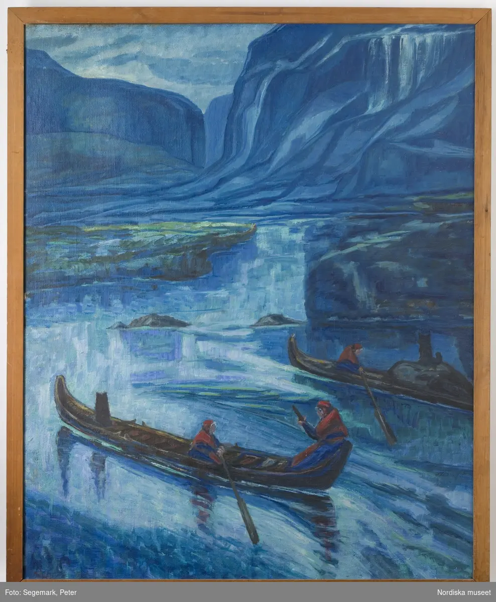 Målning av Emilie Demant Hatt, inv.nr NM.0246073. Älvbåtar. Fjällandskap med samekvinnor och hund i båtar.
