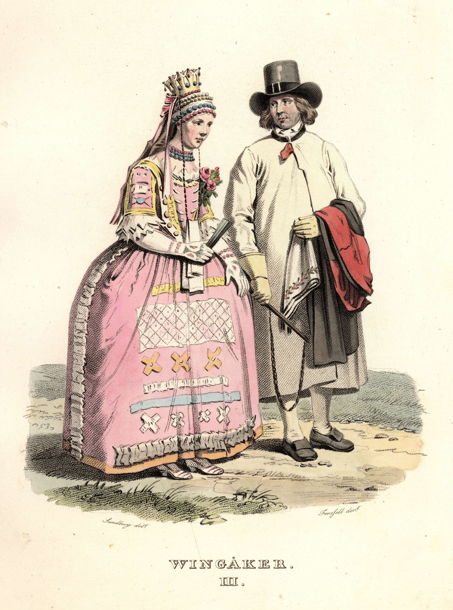 Man och kvinna i bröllopskläder från Vingåker, Södermanland. "Sandberg / Forssell"