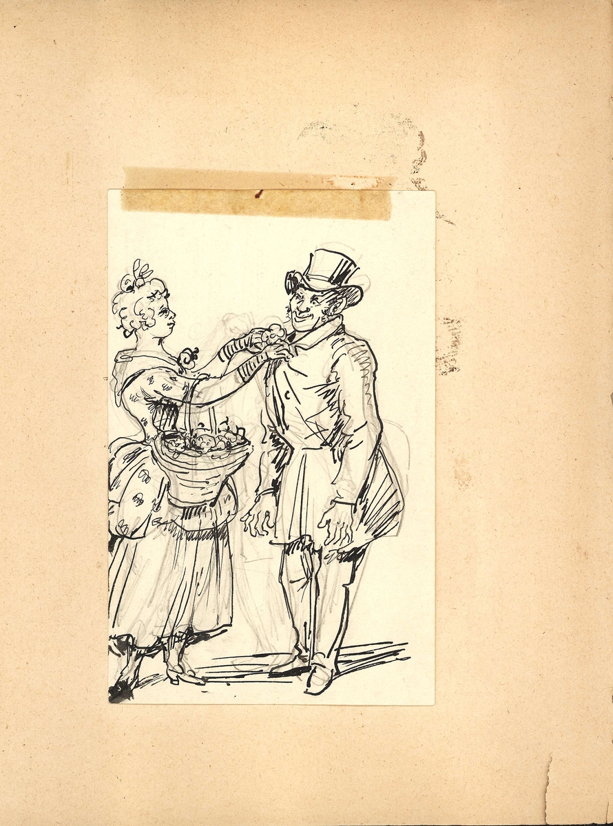 Teckning, Fritz von Dardel. En kvinna fäster en blomma på en herres rockslag.