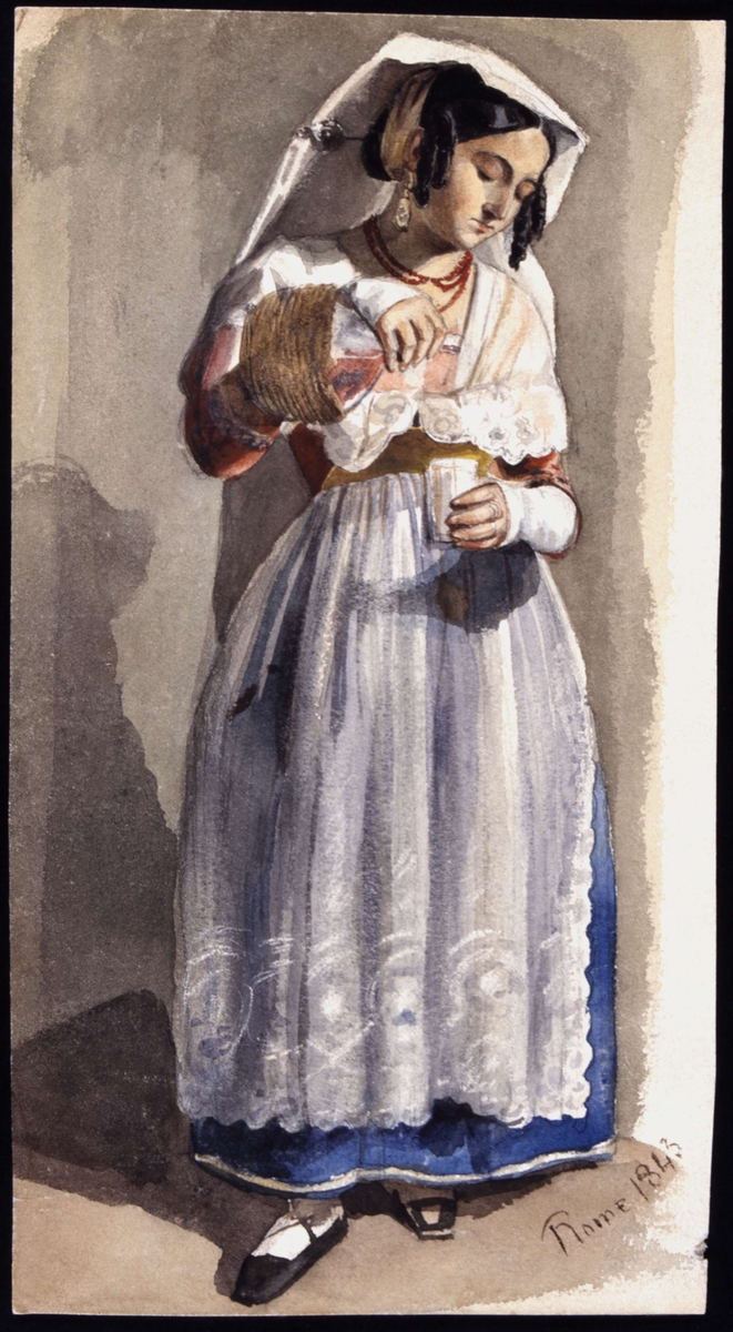 "Rome 1843." Italiensk kvinna i folklig dräkt. Akvarell av Fritz von Dardel.