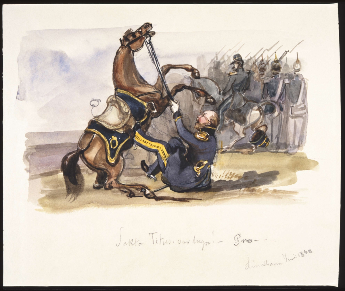 "Sakta Titus! Var lugn!" Lindhamn  juni 1848. En officer som kastats ur sadeln försöker lugna sin stegrande häst. Akvarell av Fritz von Dardel.
