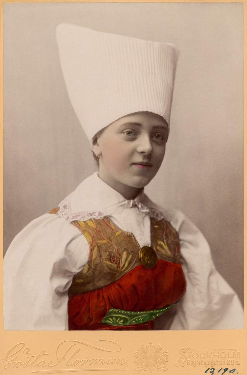 Porträttfoto, handkolorerat, bröstbild, av kvinna klädd i folkdräkt från Södermanland.
