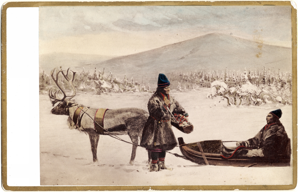 Dräktdockor föreställande två män i samiska dräkter vid ren och ackja. Handkolorerat foto.