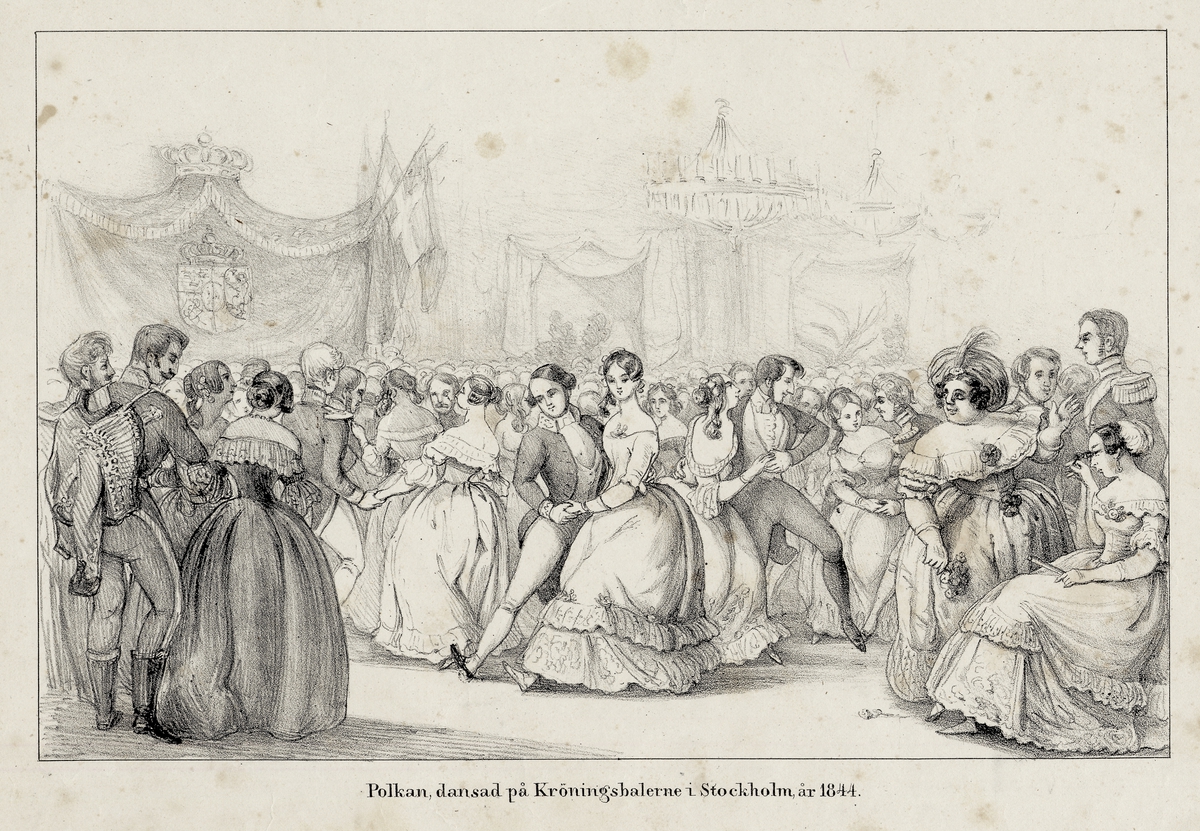 "Polkan, dansad på Kröningsbalerne i Stockholm år 1844". Teckning troligen gjord av Fritz von Dardel.