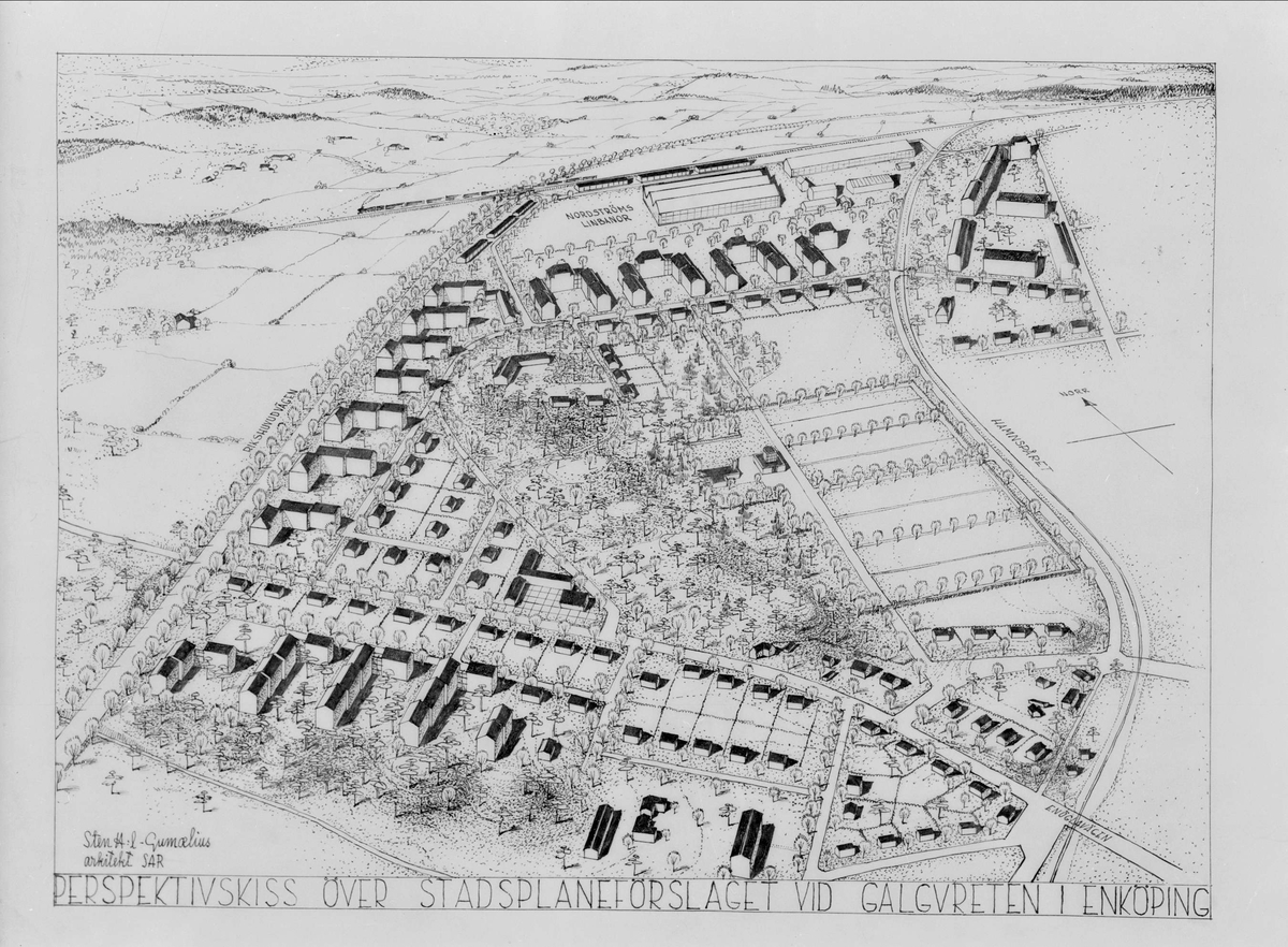 Perspektivskiss över stadsplaneförslag gällande Galgvreten i Enköping sannolikt år 1946