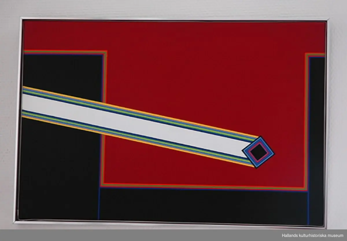 Abstrakt motiv i räta linjer, hela färgskalan, rött och svart dominerar. In från vänster kommer "skottet", syftar på skottet på Karl XII.