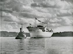 Passasjer- og lastebåten D/S Baden, B/N 471 blir buksert av 