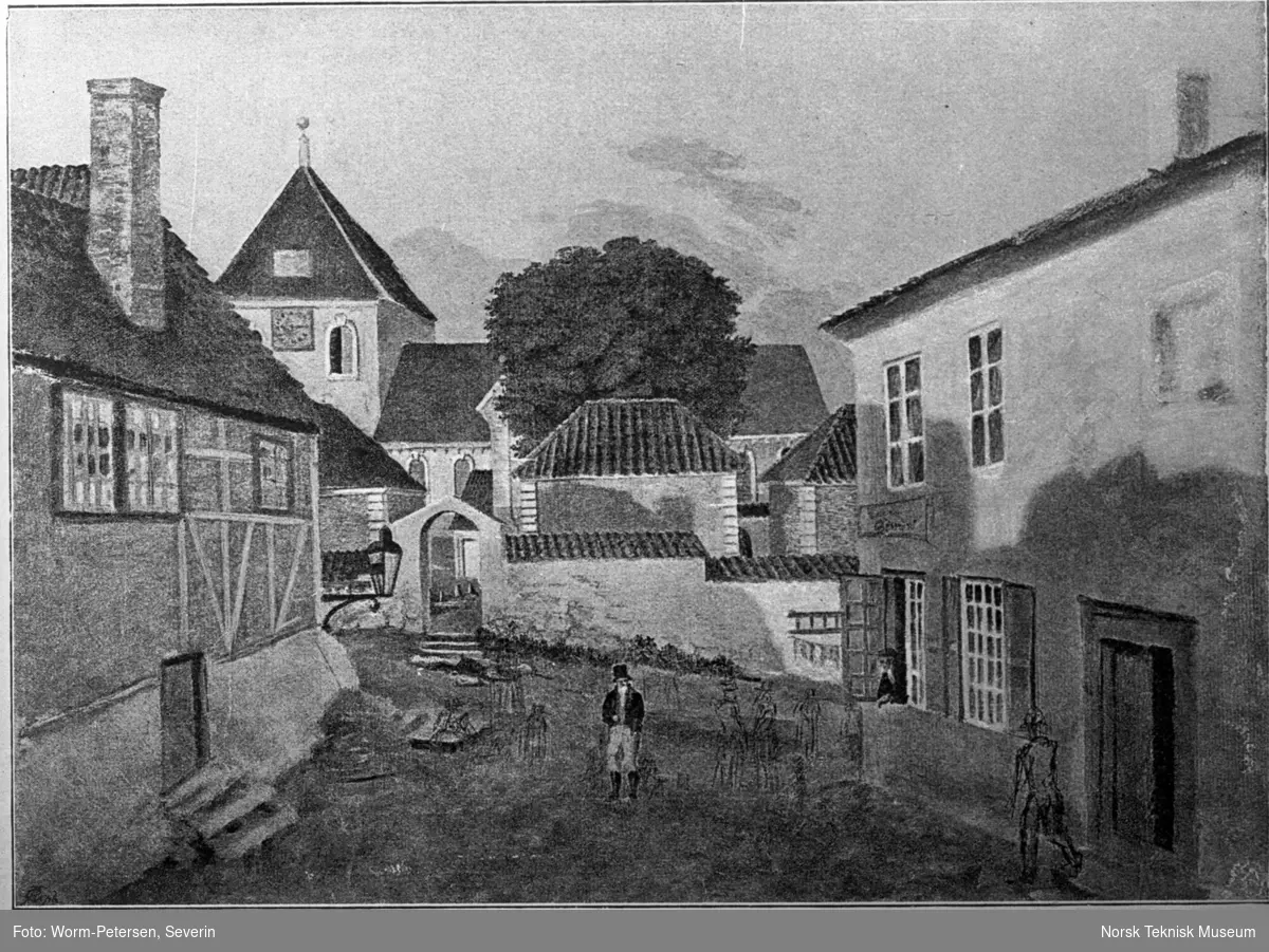 Gamle Christiania, utsikt fra lille Kirkebakken mot Vår Frelsers kirke og de gamle gravkapeller, ca. 1820