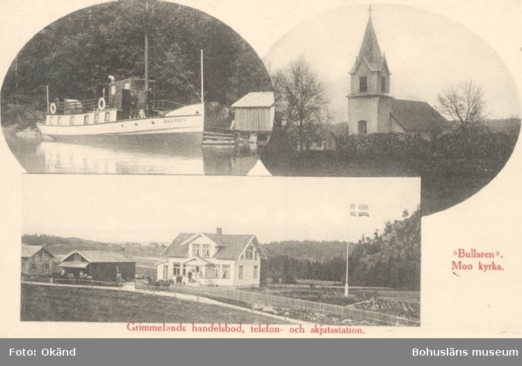 Tryckt text på kortet: "Grimmelands handelsbod, telefon och skjutsstation. "Bullaren". Moo kyrka"