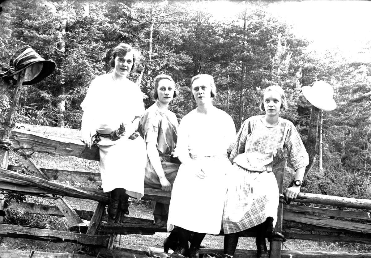 Fyra unga kvinnor sitter på en gärdesgård med skogen i bakgrunden. Två av dem har hängt sina hattar på var sin stolpe.