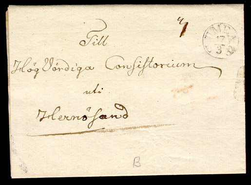 Förfilatelistiskt brev skickat från Umeå till Consistorium i Härnösand den 17 mars 1832. 

Etikett/posttjänst: Fribrev

Stämpeltyp: Normalstämpel 6  typ 2