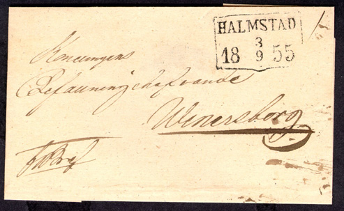 Albumblad innehållande 1 monterat brev

Text: Omslag till fribrev avsänt från Halmstad den 3.9.1855 till
Wenersborg

Etikett/posttjänst: Fribrev

Stämpeltyp: Normalstämpel 7  typ 4
