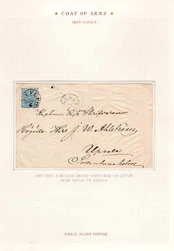 Albumblad innehållande 1 monterat frankerat brev

Text: 1857 - 20/6 - 4 Skilling Banco - light blue - on letter from
Gefle to Upsala

Stämpeltyp: Normalstämpel 10