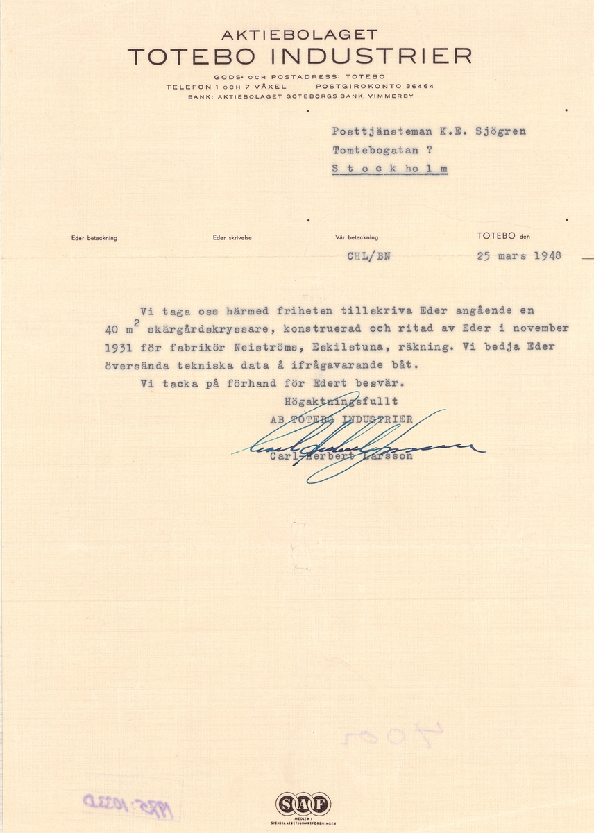 brev från AB Totebo Industrier till KE Sjögren 1948-03-25