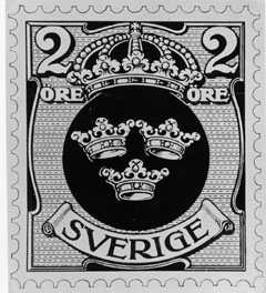 Frimärksförlaga till frimärket Lilla Riksvapnet vm krona, utgivet 1910 - 1911. Valör 2 öre.
