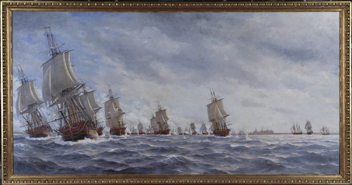 Utseglingen från Reval. Svenska flottans utsegling från Revals redd den 13 maj 1790 efter utfört anfall på en rysk eskader.
Ram: Förgylld