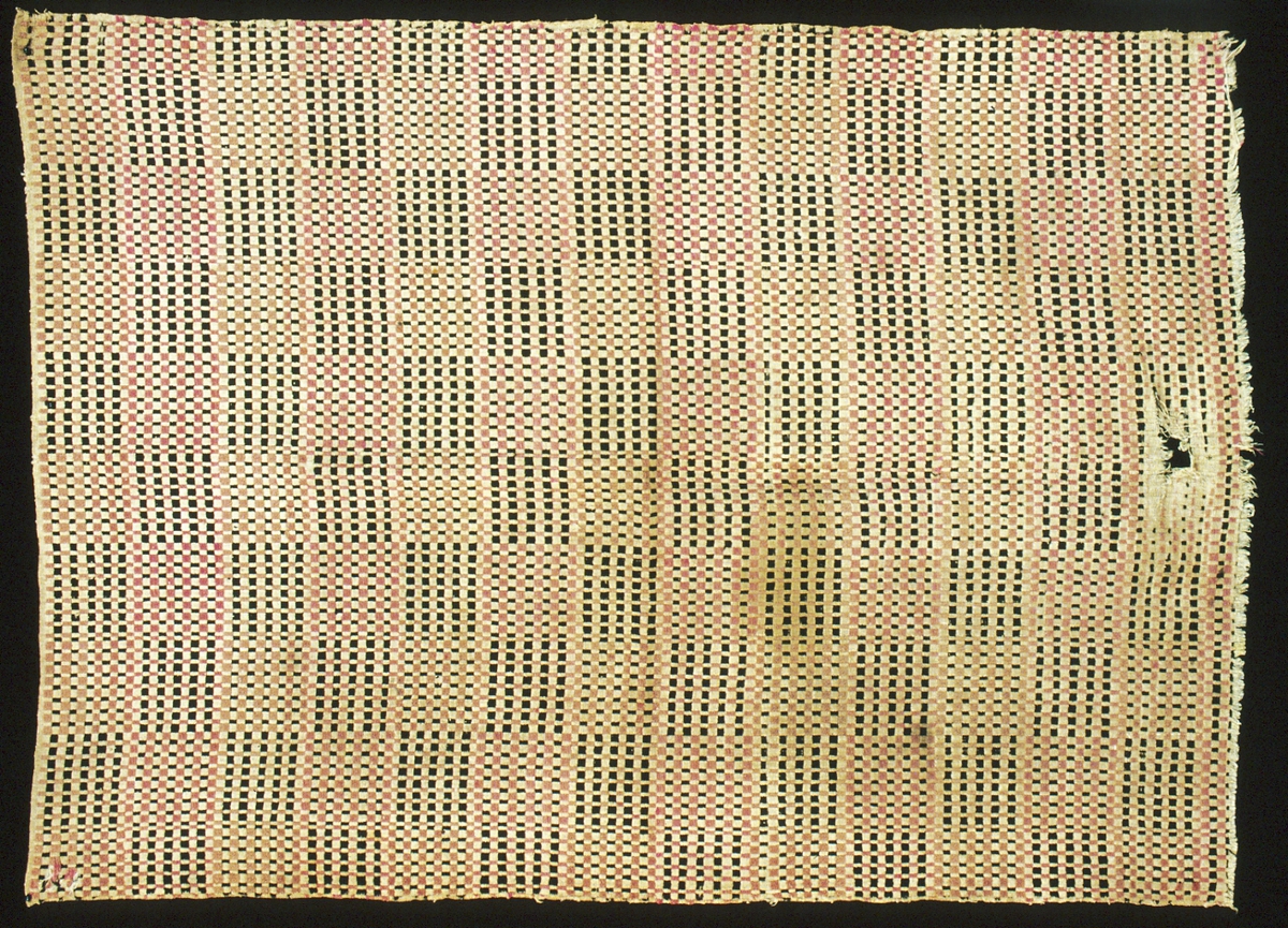 Vävnad/del av ett täcke eller annat större föremål vävt i plattväv. Rutmönster i lila och svart på botten i oblekt linne. Stadkanter i två sidor, smal fåll i en sida och avklippt, ojämn kant i en sida.
Varp i oblekt 1-trådigt z-spunnet lingarn, ca 186 trådar/10 cm. Botteninslag samma som i varp, ca 132 trådar/ 10 cm.Mönsterinslag i lila 1-trådigt z-spunnet och svart 2-trådigt z-tvinnat ullgarn. Märkt med påsydd tyglapp med texten: " "Landstinget" n° 123. a Luggude h:d". Intill finns rester av sytråd och en liten metallring från en etikett.