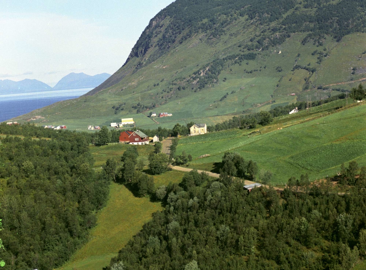 Flyfoto av Ekra, med Solheim og Fagerheim på Hardbakken i bakgrunnen.