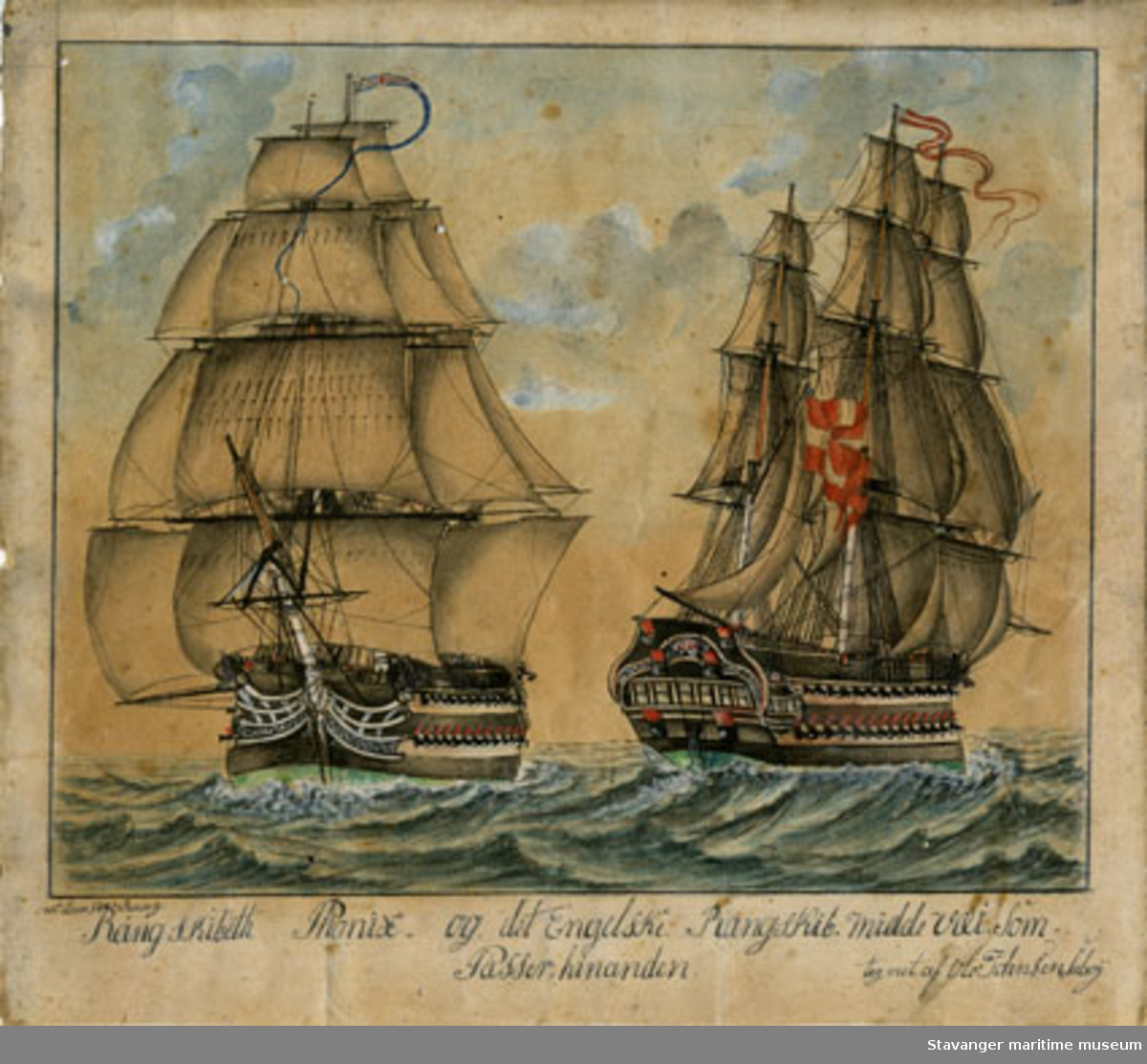 Rangskibet Phonix og det engelske Rangskib Middelvær (?) passerer hverandre.
