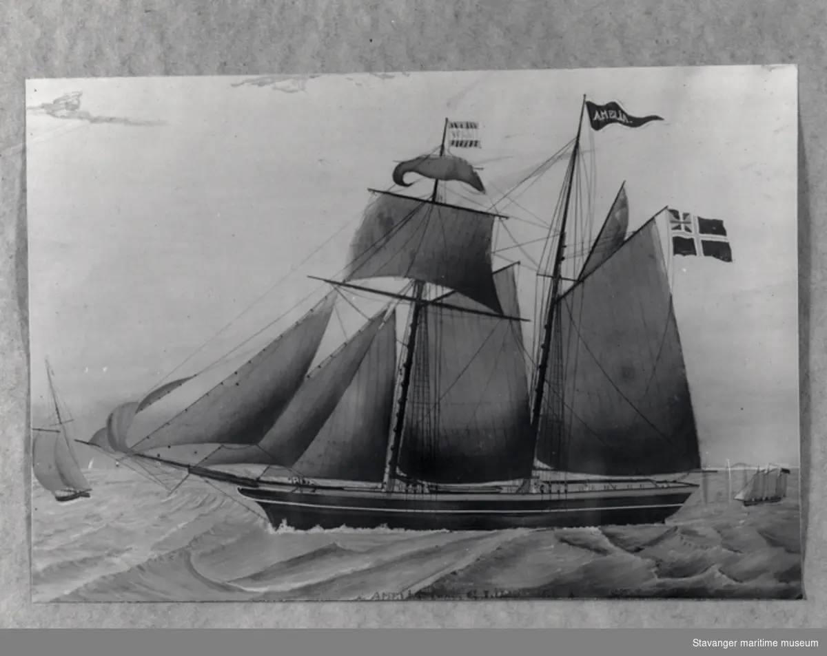 Avfotografert skipsportrett av skonnert "Amelia" 50,5 c.l. Bygget i Kalmar 1854. Reder: Brødr. Berner 1854-1863. C Torsen 1877. Solgt til Mandal 1885. Strandet på Island.
