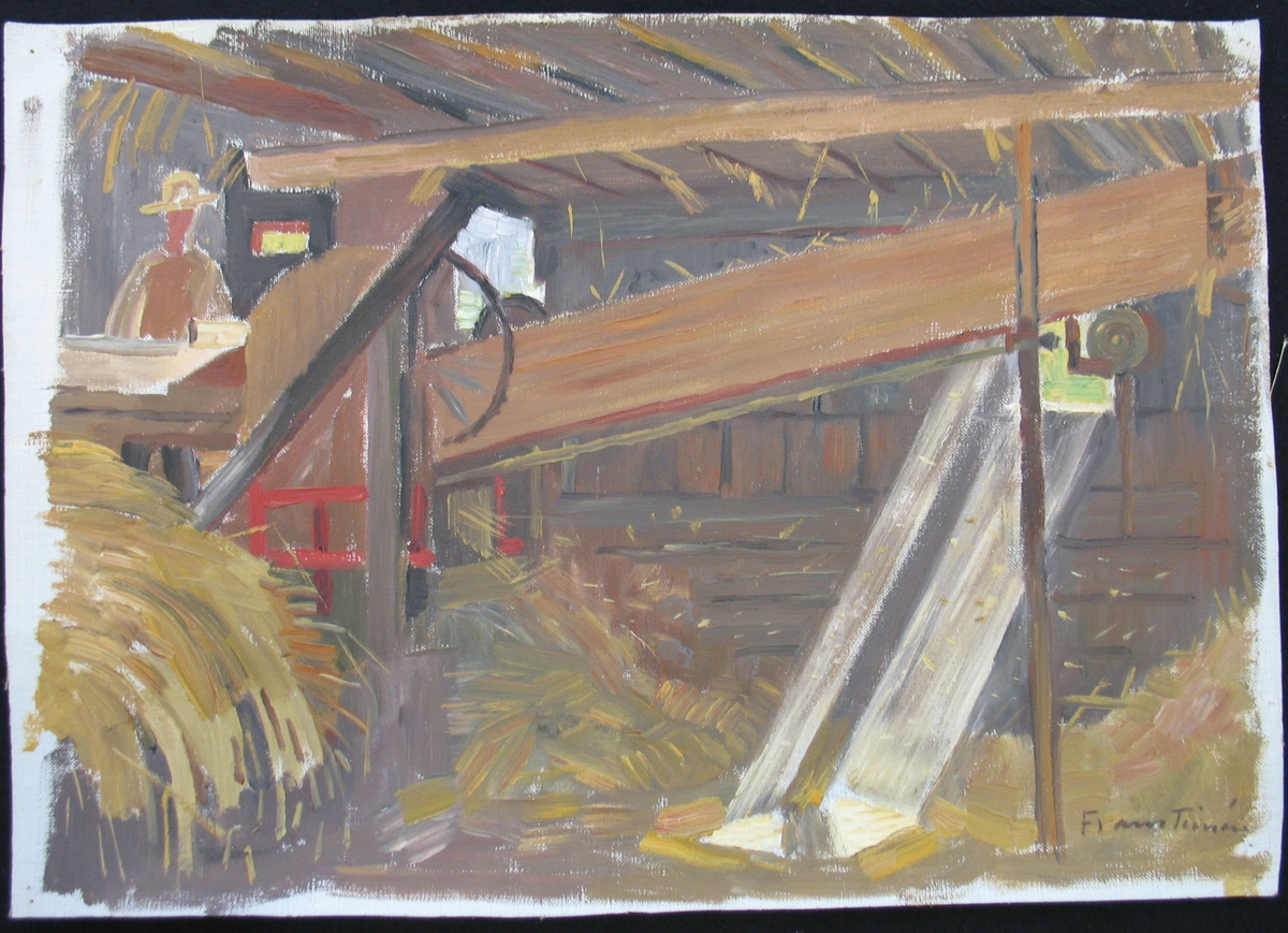 Oljemålning på duk, omonterad : ''Tröskning hos Olsson, Instön'' (Bohuslän) målad av Frans Timén ca 1925.