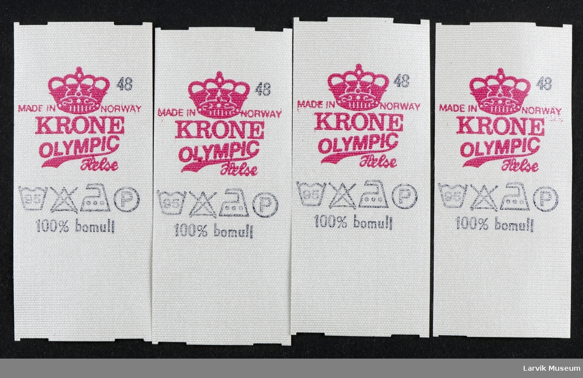 Logo: KRONE OLYMPIC Helse, Made in Norway, 100% bomull vaske- strykesymbol