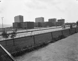 blokkbebyggelse, boligblokker, vei, biler, gatebelysning