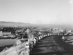 vei, stabbesteiner, utsikt, havn, by