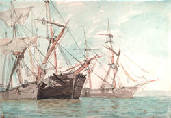 Seilskip på Havna [Akvarell]