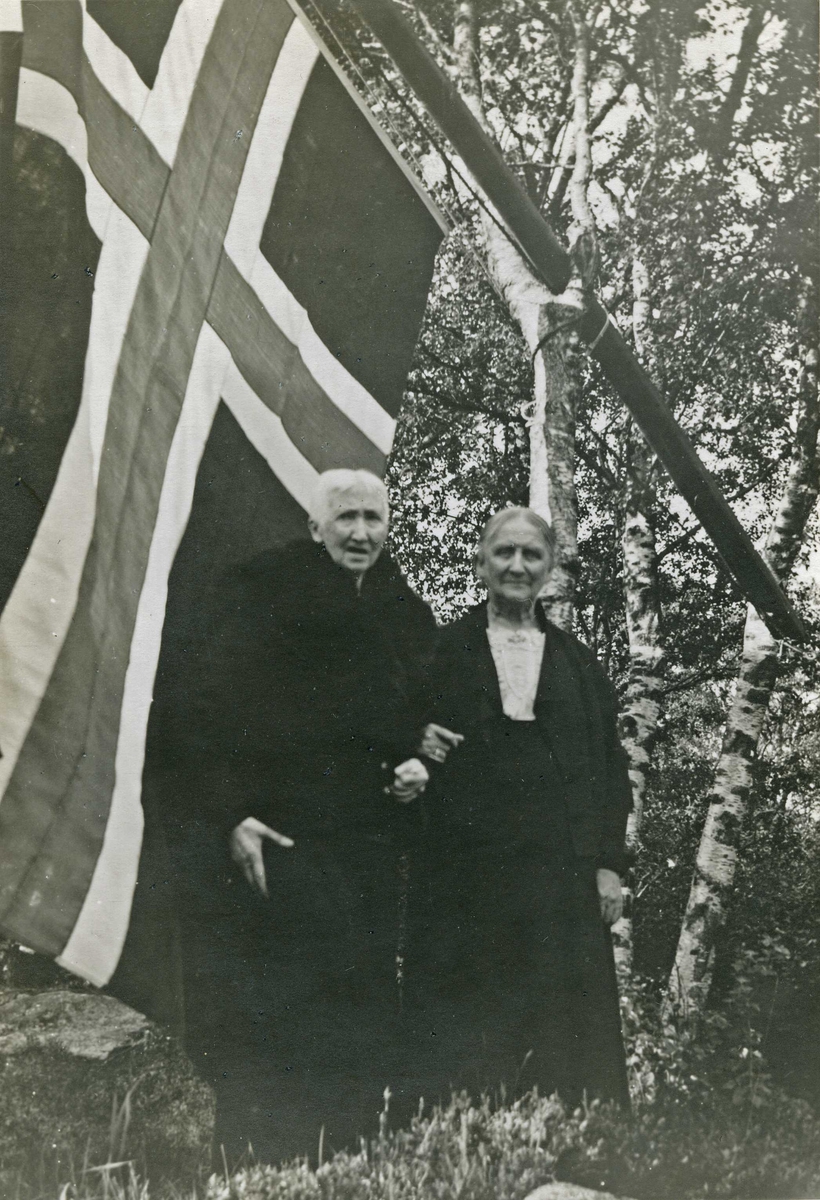 Portrett av Hanna Brummenæs og BertaTorgersen stående arm i arm under et stort norsk flagg satt fast mellom to bjørketrær. De to kvinnene er i sorte klær. Fotografiet er tatt på Aksnes, på landstedet til nevøen Harry Brummenæs.