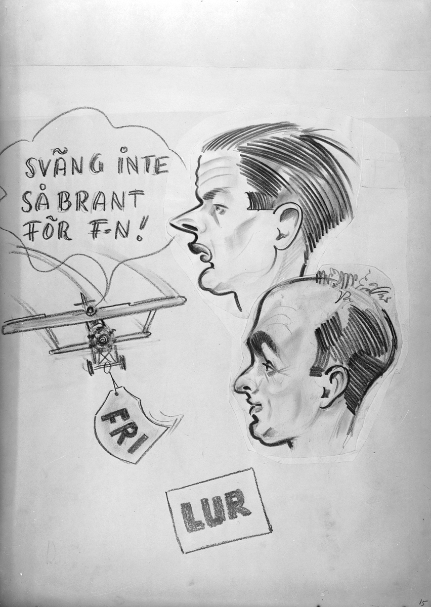 Karikatyrbild av militärer ur flygvapnet, 1930-tal.  Märkt 'FRI', 'LUR'.   Avfotograferad teckning.