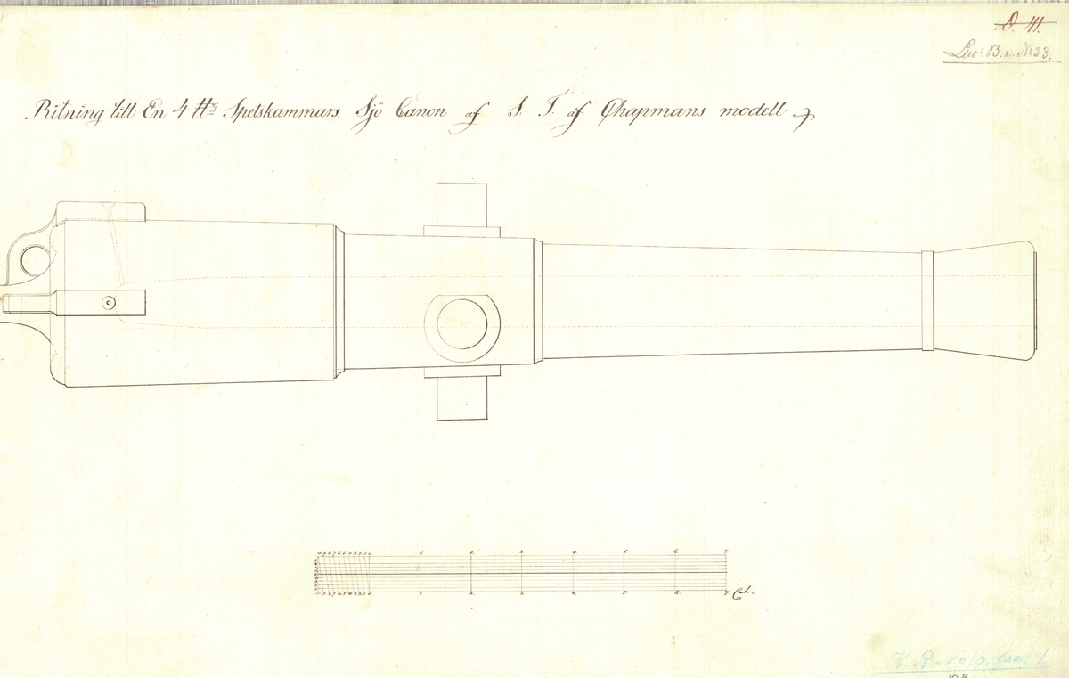 Ritning till 4-pundig sjökanon med spetskammare av Chapmans modell