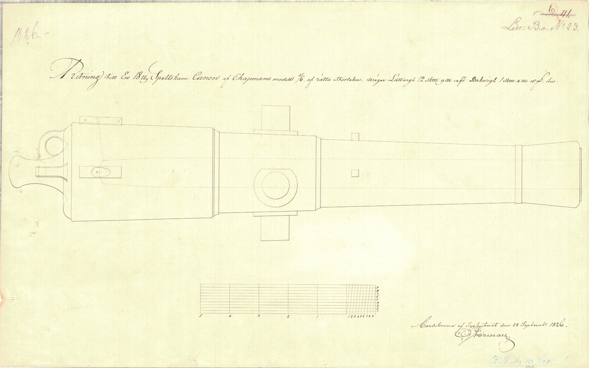 Ritning till 18-pundig kanon med spetskammare av Chapmans modell
