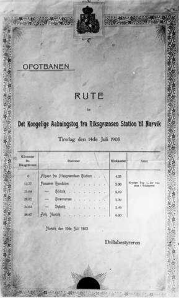 Rutetabell for det kongelige åpningstog på Ofotbanen  4. juli 1903