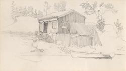 Hytte ved fjorden [Tegning]