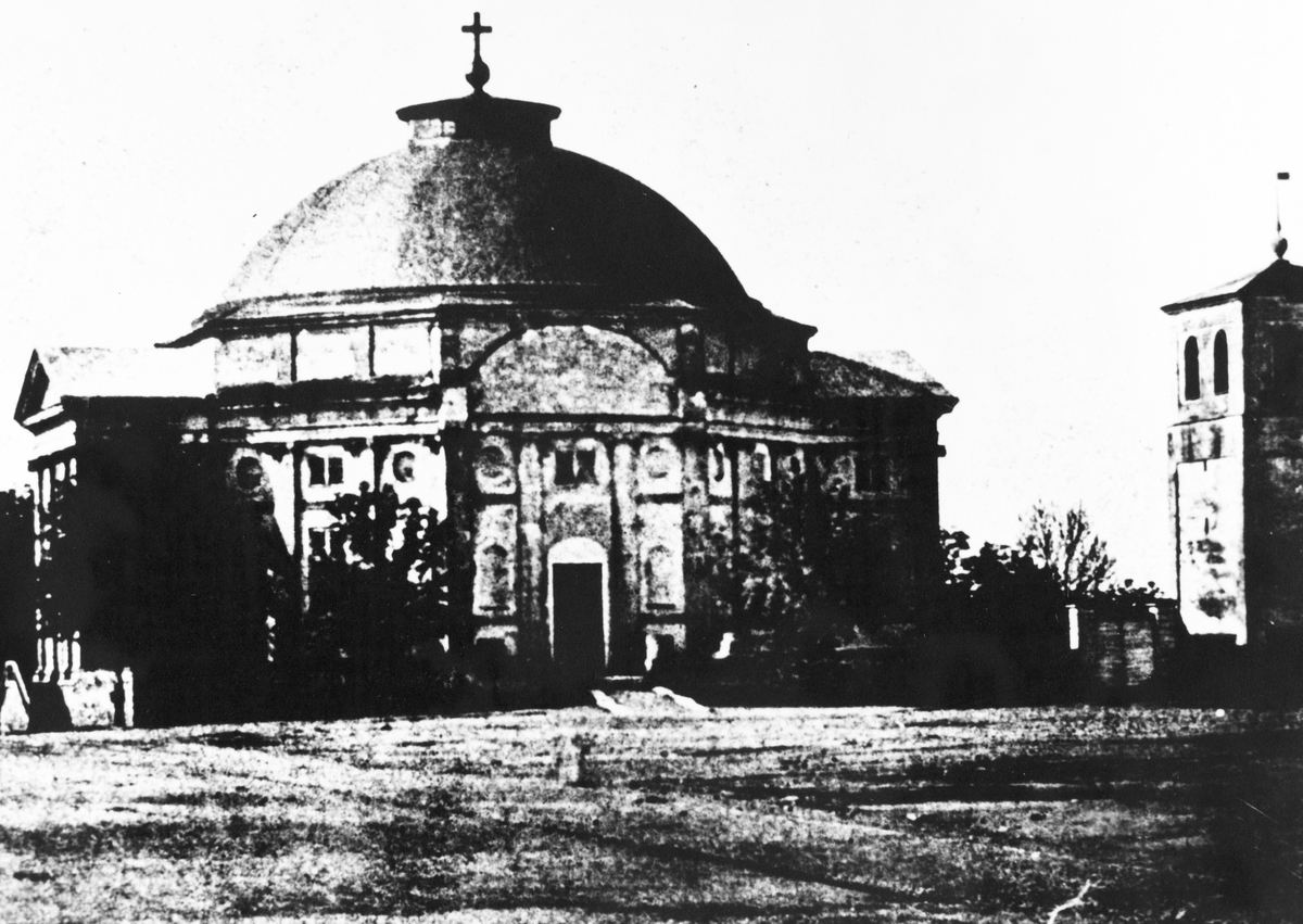 Stortorget med tyska kyrkan, t.h församlingens klockstapel som revs 1862, omkring 1850-60 talet.