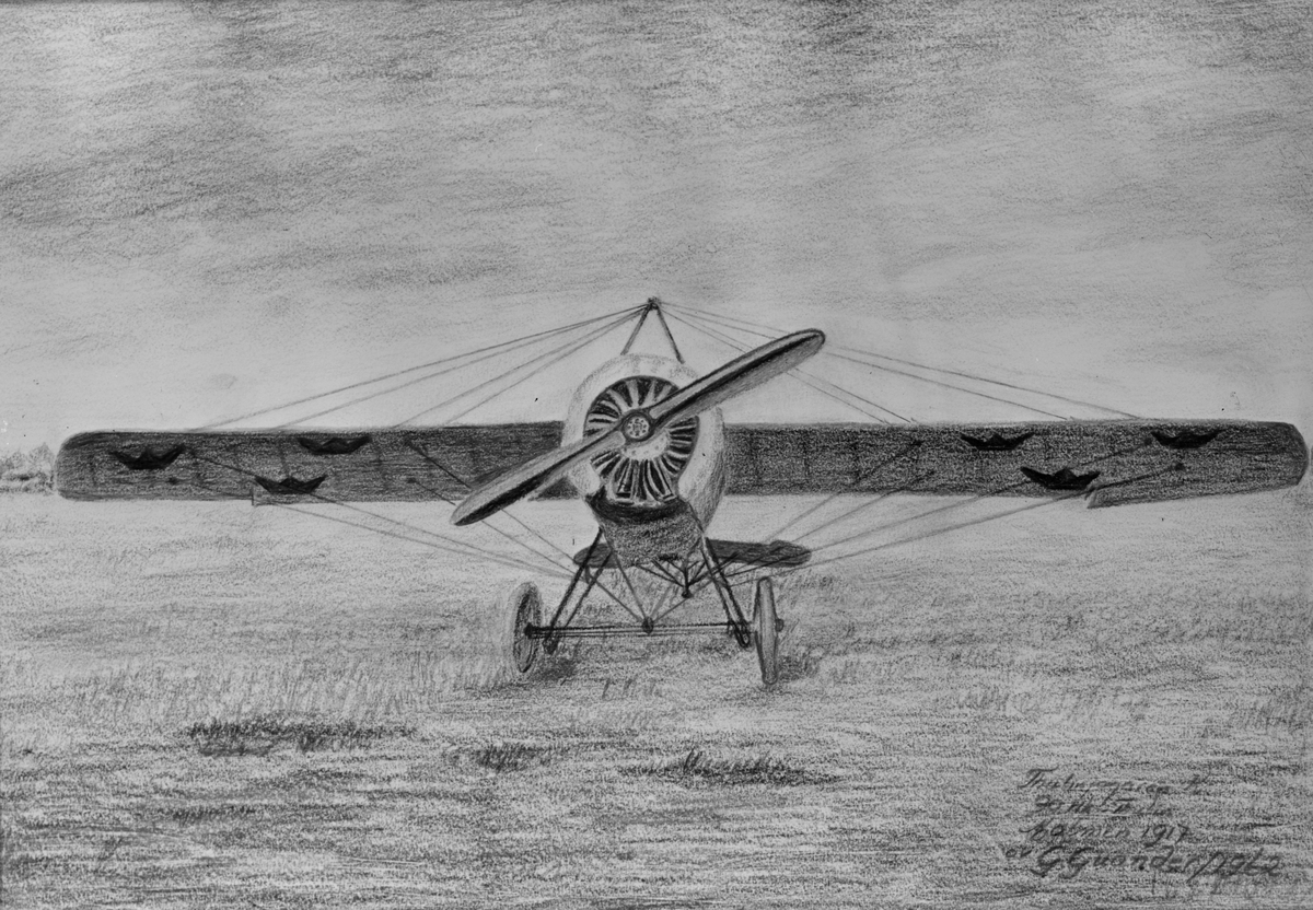 Tecknat flygplan Thulin K med skevroder ur Flygkompaniet. Avfotograferad teckning.