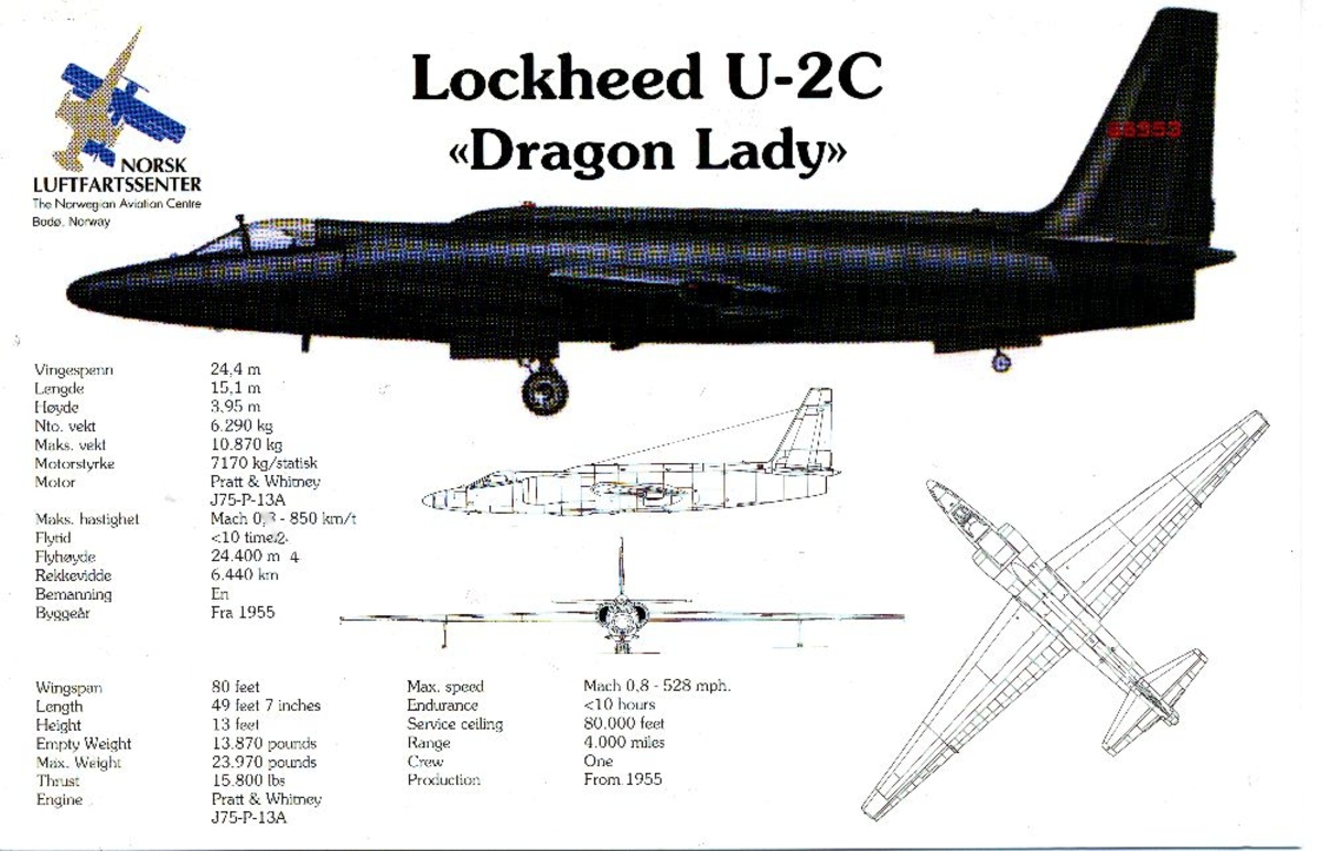 Plakat: Bilde og informasjon over flytypen Lockhed U-2C "Dragon Lady", amerikansk rekognoseringsfly.